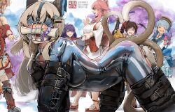 6+girls all_fours alterkyon animal_ear_fluff animal_ears ayaka_(genshin_impact) ball_gag blonde_hair blue_blindfold blue_hair bodysuit bound bound_arms bound_legs breasts brown_hair cat_tail chiori_(genshin_impact) closed_eyes collar detached_collar dog_mask dress gag gagged genshin_impact highres human_dog kamisato_ayaka kamisato_ayaka_(springbloom_missive) kirara_(genshin_impact) large_breasts latex latex_bodysuit leash medium_breasts multiple_girls multiple_tails open_mouth pet_play pink_hair pointing pointing_at_another purple_eyes purple_hair raiden_shogun red_eyes saliva sandals skin_tight tail teeth upper_teeth_only yae_miko yoimiya_(genshin_impact)