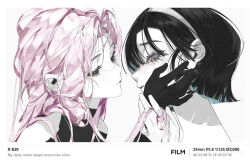 2girls absurdres alien_stage black_dress black_gloves black_hair bob_cut chenyuyu chinese_commentary closed_eyes commentary_request coordinates dress english_text gloves hairband hand_on_another&#039;s_face highres holding_another&#039;s_hair long_hair mizi_(alien_stage) multiple_girls pink_hair purple_eyes short_hair sua_(alien_stage) white_hairband yuri