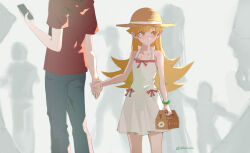 1boy 1girl araragi_koyomi blonde_hair bracelet dress hat head_out_of_frame holding holding_hands holding_phone hood hoodie jewelry kkheicho long_hair monogatari_(series) oshino_shinobu pants pastry_box phone pointy_ears red_hoodie short_sleeves sun_hat white_dress yellow_eyes