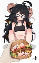 1girl 1other absurdres ahoge animal_ears armpit_crease bare_shoulders barefoot black_hair black_nails black_sports_bra blush boppin bottle burger collarbone commission convenient_censoring feet feet_burger_(meme) feet_in_food flat_chest food foreshortening glasses grey_background highres holding holding_burger holding_food indie_virtual_youtuber loli long_hair looking_at_viewer meme mole mole_under_mouth mouse_ears mouse_girl nail_polish navel pixiv_commission pov ririgaki shadow signature sitting solo_focus sports_bra stomach toenail_polish toenails toes very_long_hair virtual_youtuber
