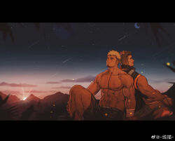 Rule 34 | 2boys, abs, absurdres, alca (wakatanka4), animal ears, back-to-back, bandaged arm, bandages, bara, black eyes, black shorts, blonde hair, brown hair, ear piercing, facial hair, goatee, gyee, highres, large pectorals, lion boy, lion ears, lion tail, male focus, moon, mountainous horizon, multiple boys, muscular, muscular male, navel, night, nipples, original, outdoors, pectorals, piercing, romg, scar, scar across eye, scar on face, shooting star, short hair, shorts, sideburns, sitting, stomach tattoo, sun, tail, tattoo, thick thighs, thighs, topless male, undercut, xian miao