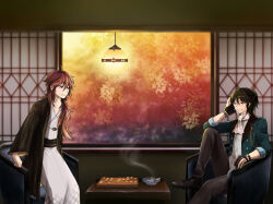 Rule 34 | 2boys, armchair, ascot, ashtray, black gloves, black hair, black sash, blue eyes, board game, brown hair, brown pants, bungou to alchemist, chair, cigarette, closed mouth, commentary request, foot out of frame, gloves, green brooch, green jacket, grin, haori, indoors, jacket, japanese clothes, kikuchi kan (bungou to alchemist), kimono, lamp, long hair, looking afar, male focus, multiple boys, naoki sanjuugo (bungou to alchemist), obi, open clothes, open jacket, pants, partially fingerless gloves, sash, shirt, shogi, shogi piece, short hair, sitting, smile, souka (seelowe), sunset, white ascot, white kimono, white shirt, window