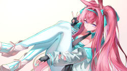 1girl absurdres animal_ears aqua_boots aqua_collar aqua_hairband aqua_jacket aqua_leggings aqua_nails aqua_ribbon arknights bare_shoulders black_gloves black_necktie black_skirt boots closed_mouth collar commentary_request detached_collar fingerless_gloves full_body gloves hair_between_eyes hair_intakes hair_ribbon hairband hand_up high_heel_boots high_heels highres jacket leggings legs_up long_hair looking_at_viewer miniskirt multicolored_boots nail_polish necktie off-shoulder_shirt off_shoulder open_clothes open_jacket pink_boots puranetto_(vjun4748) purple_eyes rabbit_ears rabbit_girl rabbit_tail ray_(arknights) ray_(dreaming_high)_(arknights) red_hair ribbon shirt simple_background skirt solo tail torn_clothes torn_jacket two-tone_boots v very_long_hair white_background zoom_layer