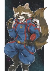 1boy absurdres animal_ears ao_gravity black_footwear black_gloves boots brown_eyes claws commentary fangs fingerless_gloves furry furry_male gloves guardians_of_the_galaxy guardians_of_the_galaxy_vol._3 highres jetpack looking_at_viewer male_focus marvel marvel_cinematic_universe marvel_rivals open_mouth pawpads pillarboxed raccoon_boy raccoon_ears raccoon_tail rocket_raccoon space star_(sky) symbol-only_commentary tail