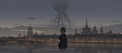 Rule 34 | 1girl, bridge, city, city lights, cityscape, cloud, cloudy sky, coat, collared shirt, dome, double-parted bangs, dusk, finger to mouth, giant, giant monster, grey hair, hand in pocket, hand to own mouth, highres, horror (theme), in water, laluna, lamppost, long coat, long sleeves, looking at viewer, open clothes, open coat, original, pleated skirt, reflection, reflective water, ripples, river, scenery, shirt, short hair, shushing, skirt, sky, solo, spire, standing, straight-on, wading, wide shot