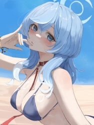 1girl absurdres ako_(blue_archive) alternate_costume bikini blue_archive blue_bikini blue_eyes blue_hair blue_sky breasts cleavage commentary hair_between_eyes highres large_breasts leash leash_between_breasts looking_at_viewer medium_hair moji_(m_0j_4) o-ring o-ring_bikini o-ring_top sideboob sky solo swimsuit upper_body