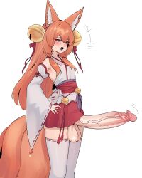 1futa absurdres animal_ears bell blue_eyes blush detached_sleeves erection fox_ears fox_girl fox_tail from_side futanari hair_bell hair_ornament highres huge_penis imkay_3 jingle_bell large_testicles long_hair long_sleeves looking_at_viewer open_mouth orange_hair original penis red_skirt simple_background skirt smile solo tail testicles thighhighs uncensored veins veiny_penis white_background white_thighhighs wide_sleeves