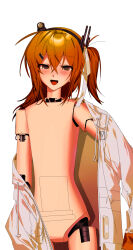 Rule 34 | 1girl, a.i. voice, absurdres, adachi rei, android, blush, cowboy shot, hair ribbon, highres, hirune (suiminbusoku118), jacket, joints, looking at viewer, naked jacket, no genitals, no nipples, one side up, open clothes, open jacket, open mouth, orange eyes, orange hair, ribbon, robot joints, simple background, single off shoulder, smile, solo, standing, utau, white background, white jacket, white ribbon