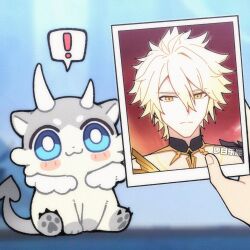 ! 1boy 1other artist_name asymmetrical_horns blonde_hair blush_stickers chimera_(honkai:_star_rail) commentary english_commentary ganleneng0328 hair_between_eyes highres honkai:_star_rail honkai_(series) horns looking_at_viewer phainon_(honkai:_star_rail) photo_(object) pov pov_hands short_hair spoken_exclamation_mark uneven_horns yellow_eyes