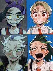 2boys 2girls black_hair blonde_hair blue_hair bruise bruise_on_face clenched_teeth dirty dirty_face drayton_(pokemon) green_hair highres injury juliana_(pokemon) kieran_(pokemon) multiple_boys multiple_girls naranja_academy_school_uniform nemona_(pokemon) nintendo open_mouth orange_eyes orange_hair orange_tank_top pokemon pokemon_sv ponytail purple_hair red_eyes school_uniform scratches smile sweat tank_top teeth v-shaped_eyebrows wet white_hair yellow_eyes yusho_(ossm03)