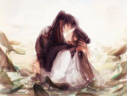 2boys bishounen black_hair black_hanfu black_robe chinese_clothes closed_eyes closed_mouth couple eye_contact face-to-face facing_another flower from_side grin hair_bun hair_ribbon hanfu headband heyoubuyou high_ponytail highres hug in_water lan_wangji light_particles long_hair long_sleeves looking_at_another lotus lotus_leaf male_focus modao_zushi multiple_boys outdoors painterly partially_submerged pond ponytail profile red_ribbon ribbon robe sidelocks single_hair_bun smile sparkle topknot upper_body very_long_hair wading water wei_wuxian wet wet_clothes wet_hair white_hanfu white_headband white_robe wide_sleeves yaoi