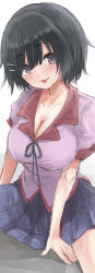 Rule 34 | 1girl, black hair, blue skirt, blush, breasts, cleavage, collarbone, commentary, hair ornament, hairclip, hanekawa tsubasa, highres, large breasts, monogatari (series), naoetsu high school uniform, open mouth, purple eyes, purple shirt, school uniform, shirt, short hair, sitting, skirt, smile, solo, tongue, tongue out, yotuba mokoh (benzenex)
