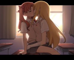 2girls ass_grab black_skirt blonde_hair bow breasts brown_vest classroom closed_eyes curtains desk female_focus flat_chest gloves hair_bow highres hug kiss long_hair multiple_girls on_desk red_bow red_hair school_desk school_uniform shirai_kuroko shirt shokuhou_misaki short_sleeves sitting skirt sleepy_frippy small_breasts toaru_kagaku_no_mental_out toaru_kagaku_no_railgun toaru_majutsu_no_index tokiwadai_school_uniform twintails vest white_gloves white_shirt window yuri