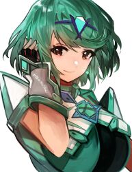 Rule 34 | 1girl, absurdres, alternate color, breasts, chest jewel, core crystal (xenoblade), earrings, green hair, highres, jewelry, large breasts, pyra (xenoblade), short hair, simple background, solo, tarbo (exxxpiation), tiara, upper body, white background, xenoblade chronicles (series), xenoblade chronicles 2, yellow eyes