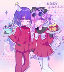 black_bow bow brother_and_sister cake closed_mouth diamond_(shape) earrings eyelashes food hair_between_eyes happy_birthday hat holding holding_hands holding_plate japanese_text jewelry long_hair long_sleeves looking_at_viewer matching_hair/eyes one_eye_closed pants party_hat pink_background pink_eyes pink_hair plate purple_hair red_pants red_shirt red_skirt shirt siblings simple_background skirt smile standing sunglasses sunglasses_on_head the_hundred_line_-last_defense_academy- translation_request tsukumo_ima tsukumo_kako twins twintails white_bow