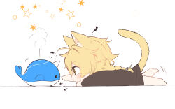 Rule 34 | 1boy, aether (genshin impact), ahoge, animal ear fluff, animal ears, arm up, barefoot, blonde hair, blush, braid, brown shirt, cat ears, cat tail, chibi, commentary request, genshin impact, hair between eyes, hair ornament, highres, kemonomimi mode, leg up, long hair, long shirt, looking at object, lying, male focus, musical note, on stomach, sakusakuagetate, shirt, short sleeves, simple background, solo, star (symbol), stuffed animal, stuffed toy, stuffed whale, t-shirt, tail, white background, yellow eyes