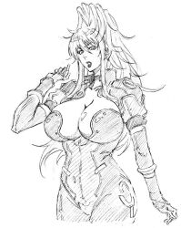 1girl bodysuit breasts choujuushin_gravion cleavage curvy greyscale huge_breasts kubo_tite_(style) large_breasts lipstick long_hair looking_at_viewer makeup mecha_pilot_suit monochrome ponytail rakusakugk science_fiction simple_background solo tachibana_mizuki white_background