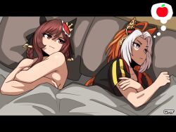 2girls ahoge apple braid breasts brown_hair cleavage commentary_request covering_privates crossed_arms ear_covers food frown fruit gentildonna_(umamusume) gmf_(0gmf0) hair_ornament highres korean_commentary lying medium_breasts multicolored_hair multiple_girls nude_cover on_side orange_hair orfevre_(umamusume) purple_eyes red_eyes single_ear_cover speech_bubble thought_bubble two-tone_hair umamusume white_hair yuri