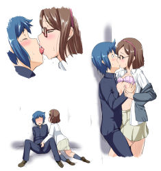 10s 1boy 1girl against_wall blue_eyes blue_hair blush bra bra_lift breasts brown_eyes brown_hair embarrassed closed_eyes french_kiss glasses gundam gundam_build_fighters hairband hetero highres iori_sei johnny_(from_scratch) kiss kousaka_china long_sleeves medium_breasts nipples open_clothes open_shirt over-rim_eyewear red-framed_eyewear school_uniform semi-rimless_eyewear shirt short_hair skirt surprised sweatdrop tears through_clothes tongue underwear undressing