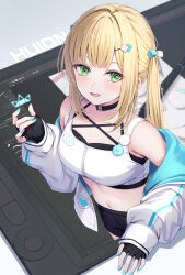 1girl aqua_nails bare_shoulders black_choker black_gloves black_shorts blonde_hair blush breasts character_request choker crop_top cube_hair_ornament dot_nose drawing_tablet fingerless_gloves from_above gloves green_eyes hair_intakes hair_ornament highres huion jacket long_hair looking_at_viewer looking_up medium_breasts midriff nail_polish navel off_shoulder open_clothes open_jacket open_mouth sakuno_(sksk_sakuno) shorts smile solo through_medium through_screen two-sided_fabric two-sided_jacket white_jacket