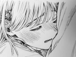 Rule 34 | 1girl, absurdres, blush, choppy bangs, closed eyes, ear blush, eyelashes, graphite (medium), hair behind ear, hair ornament, hairclip, highres, kaoru hana wa rin to saku, long hair, lower teeth only, mikami saka, monochrome, nose blush, official art, parallel hairclips, parted lips, photo (medium), profile, raised inner eyebrows, sidelocks, solo, straight hair, swept bangs, teeth, traditional media, waguri kaoruko