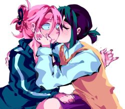 2girls alien_stage black_hair claw_hair_clip closed_eyes collared_shirt commentary english_commentary green_jacket hand_on_another&#039;s_face highres jacket kiss kissing_cheek m0nacrose mizi_(alien_stage) multiple_girls official_alternate_costume pink_hair ponytail shirt short_ponytail simple_background sua_(alien_stage) surprise_kiss surprised vest white_background white_shirt yellow_vest yuri