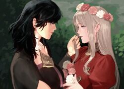 2girls blue_eyes blue_hair breasts dress edelgard_von_hresvelg edelgard_von_hresvelg_(timeskip) female_byleth_(fire_emblem) fire_emblem fire_emblem:_three_houses flower flower_wreath highres large_breasts long_hair looking_at_another multiple_girls nintendo purple_eyes radiostarkiller red_dress rose smile upper_body white_hair yuri