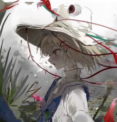 1girl animal_print blonde_hair blush brown_hat frog frog_print green_ribbon hair_ribbon hat highres moriya_suwako open_mouth plant purple_vest red_eyes red_ribbon ribbon sesmkun shirt short_hair solo touhou vest wetland