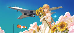 Rule 34 | 1girl, absurdres, artist name, blonde hair, blue butterfly, blue sky, blush, bridal gauntlets, bug, butterfly, closed mouth, commentary, covenant halo (girls&#039; frontline 2), cowboy shot, dated commentary, dress, earrings, flower, girls&#039; frontline, girls&#039; frontline 2: exilium, highres, holding, holding flower, insect, jewelry, long hair, looking at viewer, mixed-language commentary, mk xlviii, official alternate costume, orange eyes, ots-14 (destined love) (girls&#039; frontline), ots-14 (girls&#039; frontline), russian commentary, sky, smile, solo, star (symbol), sunflower, tu-160, union of rossartrist nations coalition, white dress, windsock