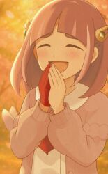 1girl :d blurry blurry_background blush cardigan closed_eyes commentary_request eyelashes gloves hair_ornament hairclip happy highres lacey_(pokemon) long_hair nakikot_t nintendo open_cardigan open_clothes open_mouth outdoors own_hands_together pokemon pokemon_sv purple_hair red_gloves shirt single_glove smile solo white_shirt