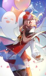 1girl 3sat0 balloon bare_shoulders black_scarf boo_tao_(genshin_impact) brown_hair brown_thighhighs cape chinese_clothes closed_mouth commentary_request cowboy_shot eyewear_on_head flower-shaped_pupils from_behind genshin_impact ghost highres hu_tao_(cherries_snow-laden)_(genshin_impact) hu_tao_(genshin_impact) long_hair long_sleeves looking_at_viewer red_cape red_eyes red_skirt scarf shirt skirt smile solo star_balloon striped_clothes striped_scarf sunglasses symbol-shaped_pupils thighhighs tinted_eyewear twintails vision_(genshin_impact) white_hair white_shirt