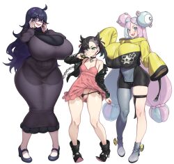Rule 34 | 3girls, black panties, breasts, fat mons, female focus, hex maniac (pokemon), highres, huge breasts, iono (pokemon), looking at viewer, marnie (pokemon), multiple girls, nintendo, panties, pokemon, pokemon sv, pokemon swsh, pokemon xy, pussy, pussy peek, simple background, standing, thighs, underwear, xiangzi box