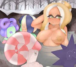 5girls breasts breasts_apart brown_hair colored_nipples domino_mask green_eyes highres inkling karen_(splatoon) kitamura_(splatoon) large_breasts mask maya_(splatoon) multiple_girls nautilus_(animal) nintendo onsen oonie_(splatoon) partially_submerged sea_urchin snow splatoon_(series) splatoon_2 steam tentacle_hair tree upper_body vespbee zuzu_(splatoon)