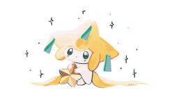 absurdres animal_focus closed_mouth colored_skin full_body gen_3_pokemon highres holding jirachi kagi0487_(weiss_9610) legendary_pokemon looking_at_viewer mythical_pokemon nintendo no_humans pokemon pokemon_(creature) pokemon_focus simple_background solo star_(sky) star_(symbol) white_background white_skin
