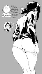 1boy 1girl 5ji_kitaku ass bad_id bad_twitter_id chainsaw_man character_request charlie_brown copyright_request from_behind grey_background higashiyama_kobeni highres ice_cream_cone inactive_account long_sleeves panties peanuts_(comic) plague_doctor_mask ponytail pulling_own_clothes pussy pussy_peek simple_background translation_request underwear
