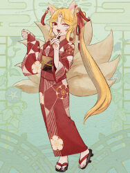 1girl :d airi_ganguru animal_ears blonde_hair dairoku_ryouhei ear_piercing facial_mark floral_print forehead_mark fox_ears full_body geta green_background hair_ornament hair_rings heterochromia index_finger_raised japanese_clothes kimono kitsune kyuubi long_hair long_sleeves looking_at_viewer multiple_tails obi open_mouth parted_bangs piercing ponytail red_eyes red_kimono red_nails sash smile solo standing tail tian_zhi_shi_shi whisker_markings