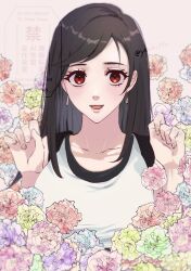Rule 34 | 1girl, absurdres, bare arms, bare shoulders, black hair, black sports bra, blue flower, blush, collarbone, commentary request, earrings, final fantasy, final fantasy vii, final fantasy vii rebirth, final fantasy vii remake, flower, green flower, hands up, highres, jewelry, long hair, looking at viewer, open mouth, pink background, pink flower, pink lips, purple flower, red eyes, red flower, solo, sports bra, straight-on, swept bangs, tank top, tifa lockhart, upper body, white tank top, yellow flower, yknk rin