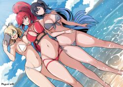 3girls absurdres ahoge alternate_costume anchor_symbol arm_around_shoulder artist_name azur_lane beach bikini black_bikini black_hair blonde_hair blue_eyes blue_hair blue_sky breast_press breasts cellphone choker cleavage closed_mouth cloud colored_inner_hair commentary commission dutch_angle english_commentary english_text expressionless front-tie_bikini_top front-tie_top full_body hair_between_eyes hair_ornament happy high_ponytail highleg highleg_bikini highres horizon hug_from_side large_breasts light_rays long_hair looking_to_the_side maryland_(azur_lane) maryland_(red-hot_drummer)_(azur_lane) medium_hair mole mole_under_eye mountainous_horizon multicolored_hair multiple_girls navel ocean official_alternate_costume oklahoma_(azur_lane) one_side_up open_mouth outdoors phone ponytail red_bikini red_eyes red_hair ryured selfie shadow side-tie_bikini_bottom sidelocks sideways_glance sky smartphone smile smirk smokestack sparkle splashing standing sunbeam sunlight swimsuit taking_picture teeth thighs water waves west_virginia_(azur_lane) west_virginia_(scenic_rhapsody)_(azur_lane) wet white_bikini
