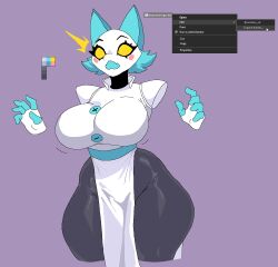 1girl animal_ears animal_nose artist_name belt black_fur black_skin blue_belt blue_fur blue_skin bouncing_breasts breast_expansion breasts buttons cat_girl china_dress chinese_clothes color_guide colored_sclera colored_skin context_menu deltarune disembodied_hand dress english_text fang fangs furry furry_female highres humanoid_robot large_breasts large_buttons microsoft_windows multicolored_fur multicolored_skin nevtelen no_panties no_pupils open_mouth pear-shaped_figure purple_background rayman_limbs robot sash shield short_hair signature simple_background snout solo surprised tasque_manager thighs twitter_username two-tone_fur two-tone_skin white_dress white_skin wide_hips yellow_eyes yellow_sclera