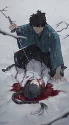 1boy 1other absurdres androgynous black_hair black_hakama blood blood_from_mouth blue_eyes blue_kimono braid braided_ponytail branch buyaozaoqi closed_eyes fate/grand_order fate/samurai_remnant fate_(series) gradient_hair grey_background hakama highres holding holding_sword holding_weapon japanese_clothes jewelry katana kimono looking_at_another lying miyamoto_iori_(fate) multicolored_hair necklace on_back on_ground orange_eyes shaded_face shirt sidelocks single_braid snow snowing straddling sword topknot weapon white_hair white_kimono yamato_takeru_(fate)