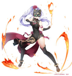 1girl 2013 :3 black_boots black_gloves boots breasts cat_mask commentary company_name copyright_notice covered_navel dragon_print dress elbow_gloves fighting_stance fingerless_gloves fire flower_knot frilled_dress frills full_body gloves gold_trim green_eyes high_ponytail highres long_hair looking_at_viewer mask medium_breasts mikeou official_art pelvic_curtain ponytail purple_hair pyrokinesis rouyu sennen_sensou_aigis solo tassel thighs