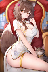 1girl animal_collar animal_ear_fluff animal_ears blurry blush blush_stickers braid breasts brown_hair brown_tail cat chair china_dress chinese_clothes cleavage cleavage_cutout closed_mouth clothing_cutout collar commentary commission depth_of_field dress from_side gold_thighlet gold_trim grey_cat hair_between_eyes hair_ornament hand_in_own_hair hand_up highres indoors jewelry large_breasts littlehobby looking_at_viewer on_chair orange_eyes original print_dress short_sleeves side_slit single_braid sitting skeb_commission smile solo tail thighlet thighs white_dress