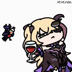 1girl animated animated_gif bird cup drinking_glass fischl_(genshin_impact) food fruit genshin_impact juice lowres seseren tomato tomato_juice wine_glass