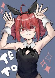 1girl absurdres ahoge animal_ears arms_up bare_shoulders black_leotard black_pantyhose blue_background blush bow bowtie detached_collar drill_hair fake_animal_ears hair_between_eyes highres kasane_teto leotard looking_at_viewer pantyhose playboy_bunny red_eyes red_hair solo strapless strapless_leotard sweatdrop tottemodekai twin_drills upper_body utau wavy_mouth wrist_cuffs