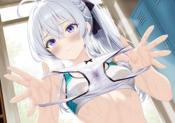 1girl ahoge blush breasts collarbone commentary crossed_bangs double-parted_bangs elaina_(majo_no_tabitabi) english_commentary hair_between_eyes hair_ornament hair_scrunchie highres holding holding_panties holding_underwear holding_unworn_clothes indoors lewd_chan long_bangs long_hair long_sidelocks looking_at_viewer majo_no_tabitabi medium_breasts panties ponytail presenting_removed_panties purple_eyes scrunchie sidelocks solo sports_bra standing steam steaming_body stomach sunlight sweat sweaty_clothes tree underwear unworn_panties variant_set white_hair white_scrunchie white_sports_bra window