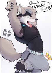 1boy absurdres animal_ears armpit_hair artist_name black_shirt bluesky_logo bulge claws closed_eyes commentary english_commentary erection erection_under_clothes fangs fortnite furry furry_male grey_shorts highres male_focus notice_lines open_mouth profile rozokami shirt shorts sleeveless sleeveless_shirt speech_bubble stretching tail twitter_logo wendell_(fortnite) white_background wolf_boy wolf_ears wolf_tail yawning