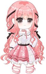 1girl absurdres ankle_socks belt black_belt black_ribbon bow bow_choker bow_legwear bowtie brown_eyes buttons center_frills chibi choker closed_mouth eyelashes frilled_shirt frilled_skirt frilled_sleeves frills full_body hair_ribbon hand_on_own_hip happy highres infinity_nikki jewelry layered_skirt light_blush light_particles long_hair long_sidelocks long_sleeves low_twintails mary_janes medium_skirt necklace nikki_(nikki) nikki_(series) off-shoulder_shirt off_shoulder perfect_start_(infinity_nikki) pink_bow pink_bowtie pink_choker pink_hair pink_shoes pink_skirt pleated_skirt puffy_long_sleeves puffy_sleeves ribbon shirt shoes sidelocks simple_background single_stripe skirt sleeves_past_wrists smile snowflake_print snowflakes socks solo sparkle standing star_(symbol) star_print striped_bow striped_bowtie striped_choker striped_clothes tareme tress_ribbon twintails very_long_hair wavy_hair white_background white_shirt white_skirt white_socks zhizhizhizhizhizong