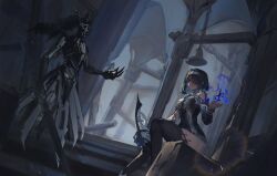1girl 1other alisa:_echo_(pgr) alisa_(pgr) black_dress black_thighhighs blue_eyes blue_hair bow_(weapon) cecilie_(pgr) claws colored_inner_hair detached_sleeves dress hair_over_eyes hairband helm helmet highres holding holding_bow_(weapon) holding_weapon horns humanoid_robot ian46166491 long_sleeves medium_hair multicolored_hair official_alternate_costume punishing:_gray_raven robot thighhighs weapon white_hairband