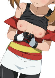 1girl bike_shorts bike_shorts_under_skirt blush breasts breasts_out brown_hair closed_mouth collarbone creatures_(company) game_freak gloves head_out_of_frame highres may_(pokemon) morisobo nintendo nipples own_hands_together pokemon pokemon_rse simple_background skirt small_breasts solo sweat thigh_gap twintails white_background white_skirt