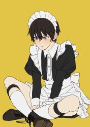 &gt;:( 1boy apron archived_source black_hair blush boots brown_boots brown_eyes brown_hair buttons character_request closed_mouth crossdressing crossed_legs dress embarrassed frilled_dress frills hair_between_eyes kazari_tayu lace-up_boots maid maid_apron maid_headdress male_focus male_maid shin_strap short_hair simple_background sitting socks solo v-shaped_eyebrows white_socks wing_collar yellow_background